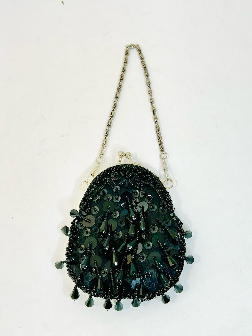 Vintage Jessica McClintick Black Beaded Mini Dangle Party Bag Silver Chain Strap